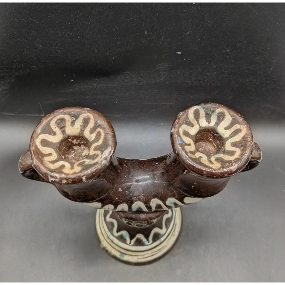 Nittsjo Sweden Thomas Hellstrom 6222 Brown Glazed Pottery Double Candle Holder